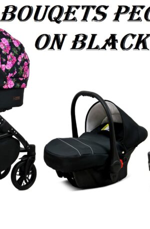 TAVASZI AKCIÓ! 3:1 BABAKOCSI BABYLUX COLORLUX BOUQETS PEONY ON BLACK, KÉSZLETEN, AZONNAL ELVIHETŐ!