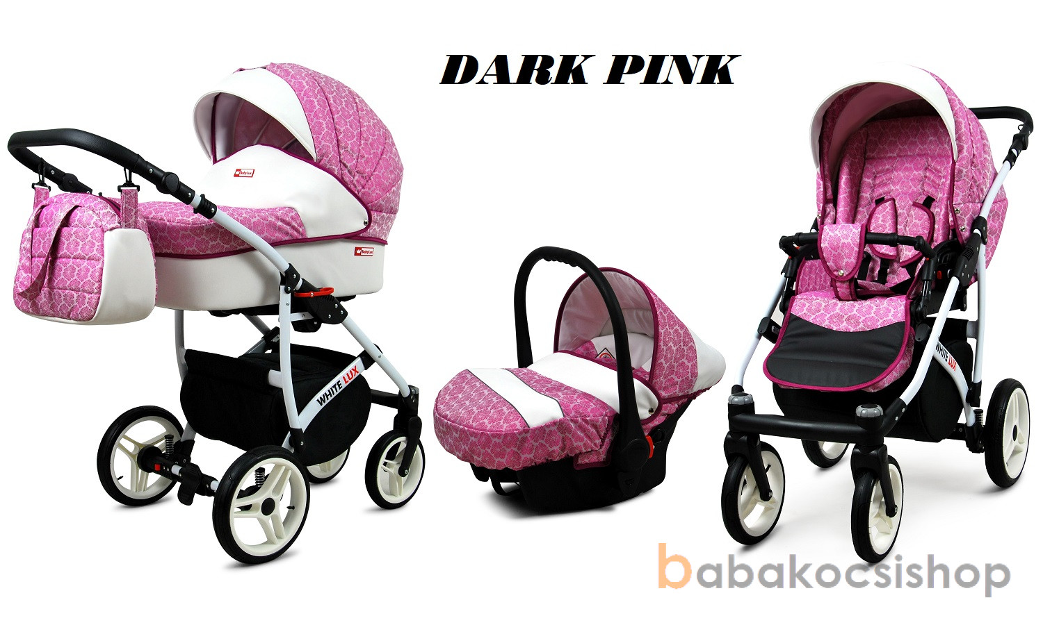 NYÁRI AKCIÓ!! BABAKOCSI 3:1 BABYLUX White Lux DARK PINK; KÉSZLETEN, AZONNAL ELVIHETŐ!!