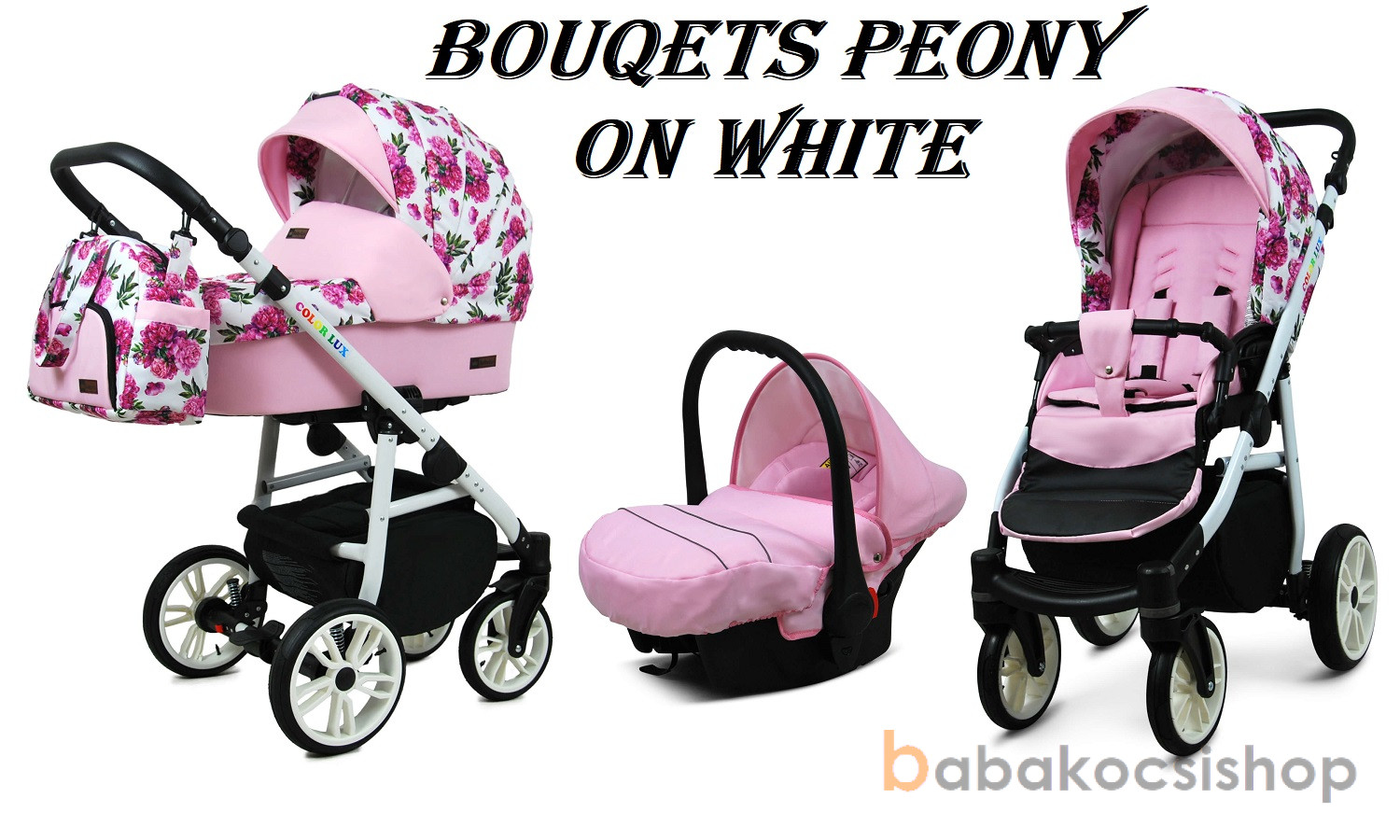NYÁRI AKCIÓ!! 3:1 BABAKOCSI BABYLUX COLORLUX BOUQUETS PEONY ON WHITE, KÉSZLETEN, AZONNAL ELVIHETŐ!!